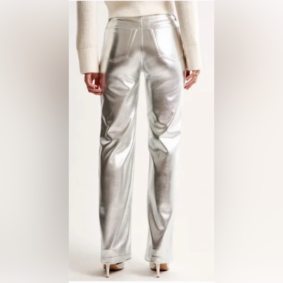Abercrombie & Fitch Silver Metallic Vegan Leather Pants. Straight. Party. Sz 29 - Picture 2 of 12